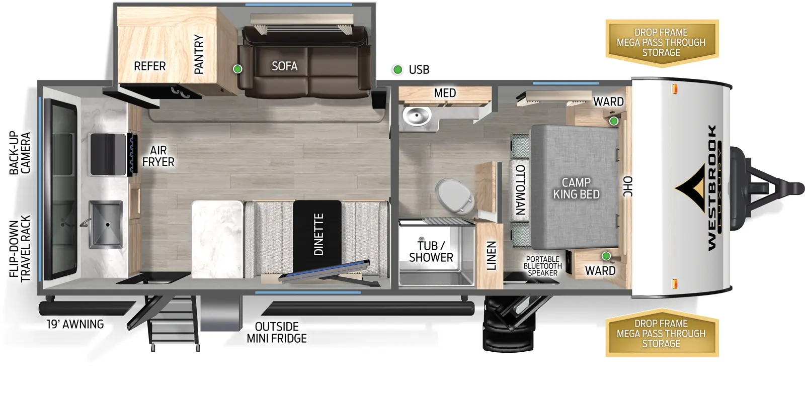 The Westbrook Luxury 245RKLC floorplan has two entries and one slide out. Exterior features include: fiberglass exterior and 19' awning. Interiors features include: rear kitchen, front bedroom and pass through bathroom.